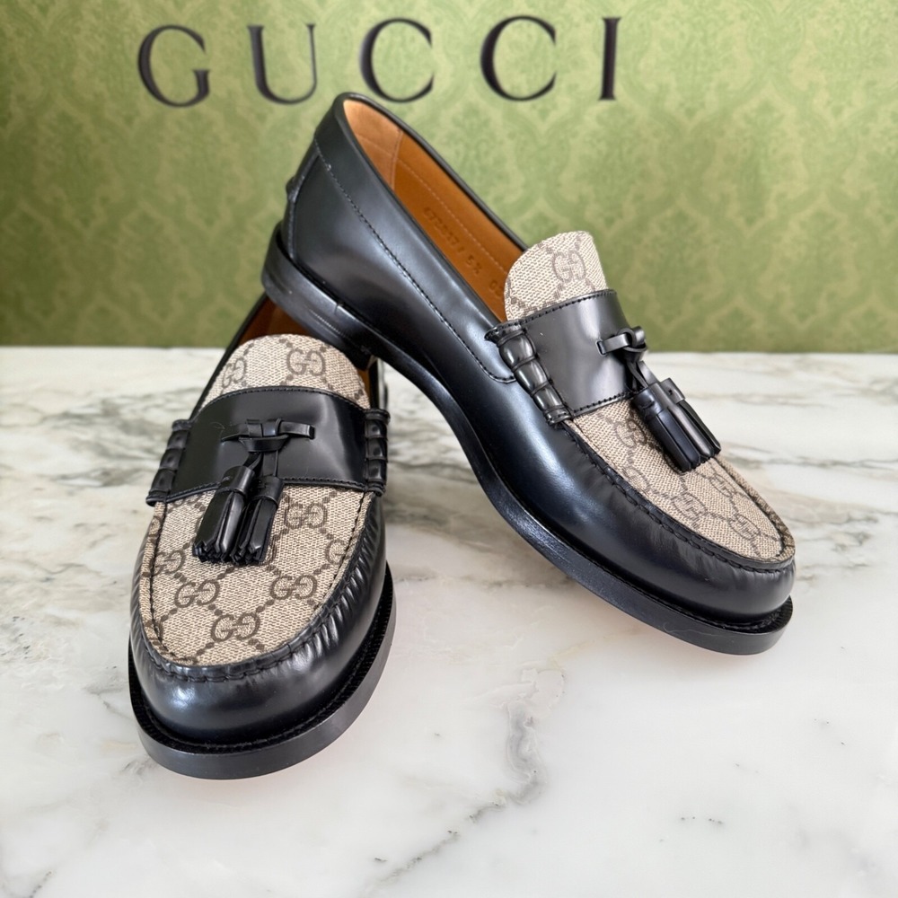 NWT Gucci 673817 Mens GG Logo Leather Loafers Shoes Black/Beige Gucci 5.5 - Picture 5 of 9